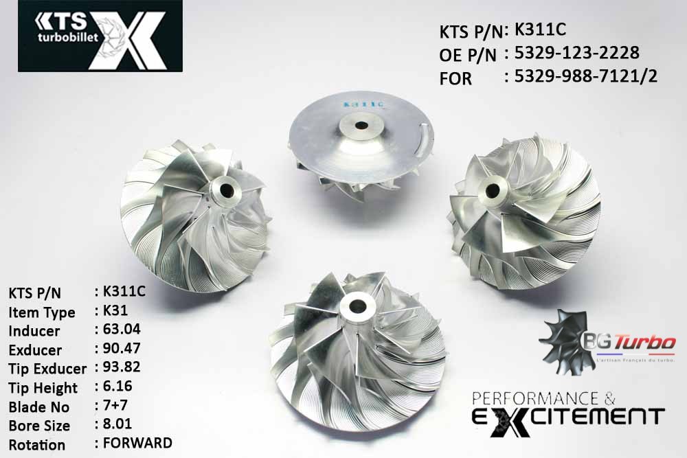 Turbo ROUE FORGÉE MFS PERFORMANCE - 7+7 PALES - INDUCER : 63,04 - EXDUCER : 90,47 - TYPE : K31ANGLE : 55° - ROTATION : Forward - SUPER BACK : 5,99 - BORE SIZE : 8,01
